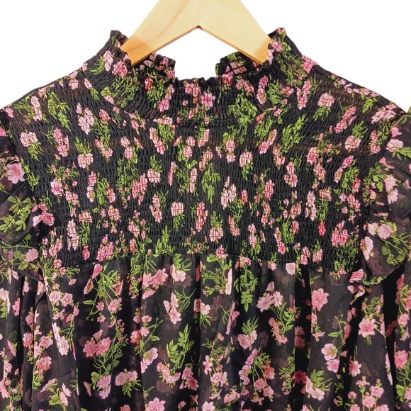 Olivaceous Medium Top, Floral, Ruffled, Smocked, Cottage Core, Boho, Blk/Grn/Pnk - Picture 3 of 15
